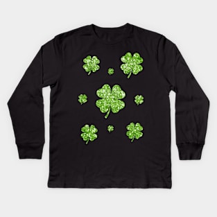 St Patricks Day, Green 4 Leaf Faux Glitter Clovers Kids Long Sleeve T-Shirt